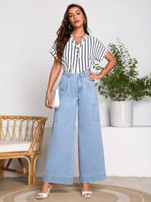 SHEIN LUNE Pocket Patched Wide Leg Jeans - Light Wash - View 5