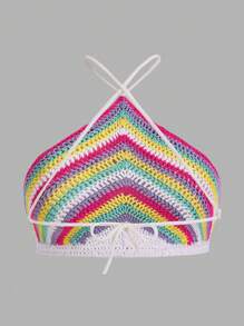 SHEIN Qutie Plus Colourblock Tie Backless Halter Knit Top - Multicolor - View 2