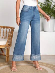 SHEIN LUNE 花卉刺繡闊腿牛仔褲 - 中等水洗藍 - 查看 3