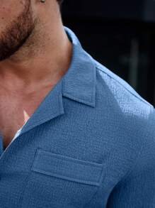 Manfinity Homme Men Solid Button Up Pocket Patched Shirt, Blue Button-Down Shirt, Men's Short Sleeve Shirt, Men's Casual Shirt - Blue - View 7