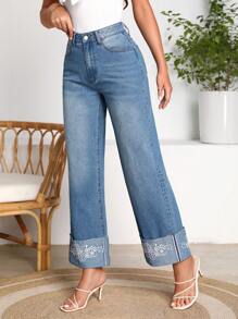 SHEIN LUNE 花卉刺繡闊腿牛仔褲 - 中等水洗藍 - 查看 5