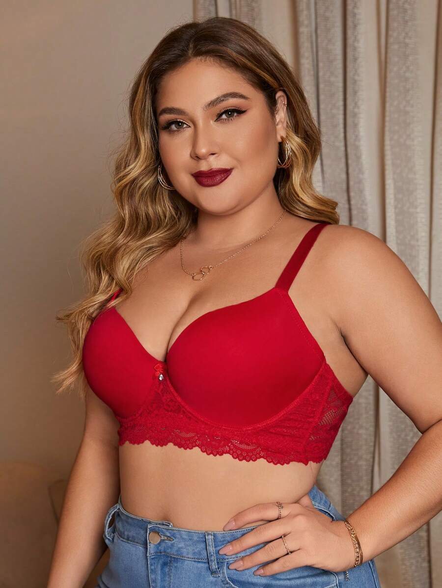 Plus Contrast Lace Underwire Bra - Red - View 1
