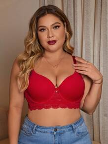 Plus Contrast Lace Underwire Bra - Red - View 5