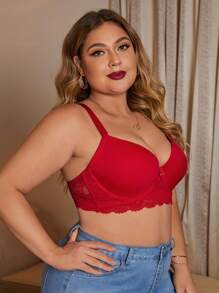 Plus Contrast Lace Underwire Bra - Red - View 6