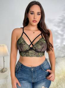 Plus Floral Lace Crisscross Front Harness Bra - Multicolor - View 3