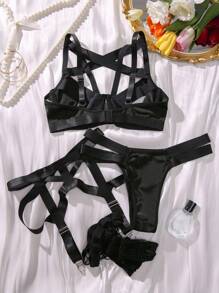 SHEIN Exotic-Bondage Cut Out Underwire Garter Lingerie Set - Black - View 6