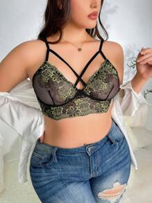 Plus Floral Lace Crisscross Front Harness Bra - Multicolor - View 4