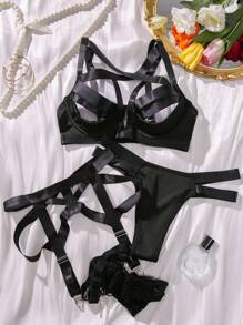 SHEIN Exotic-Bondage Cut Out Underwire Garter Lingerie Set - Black - View 7