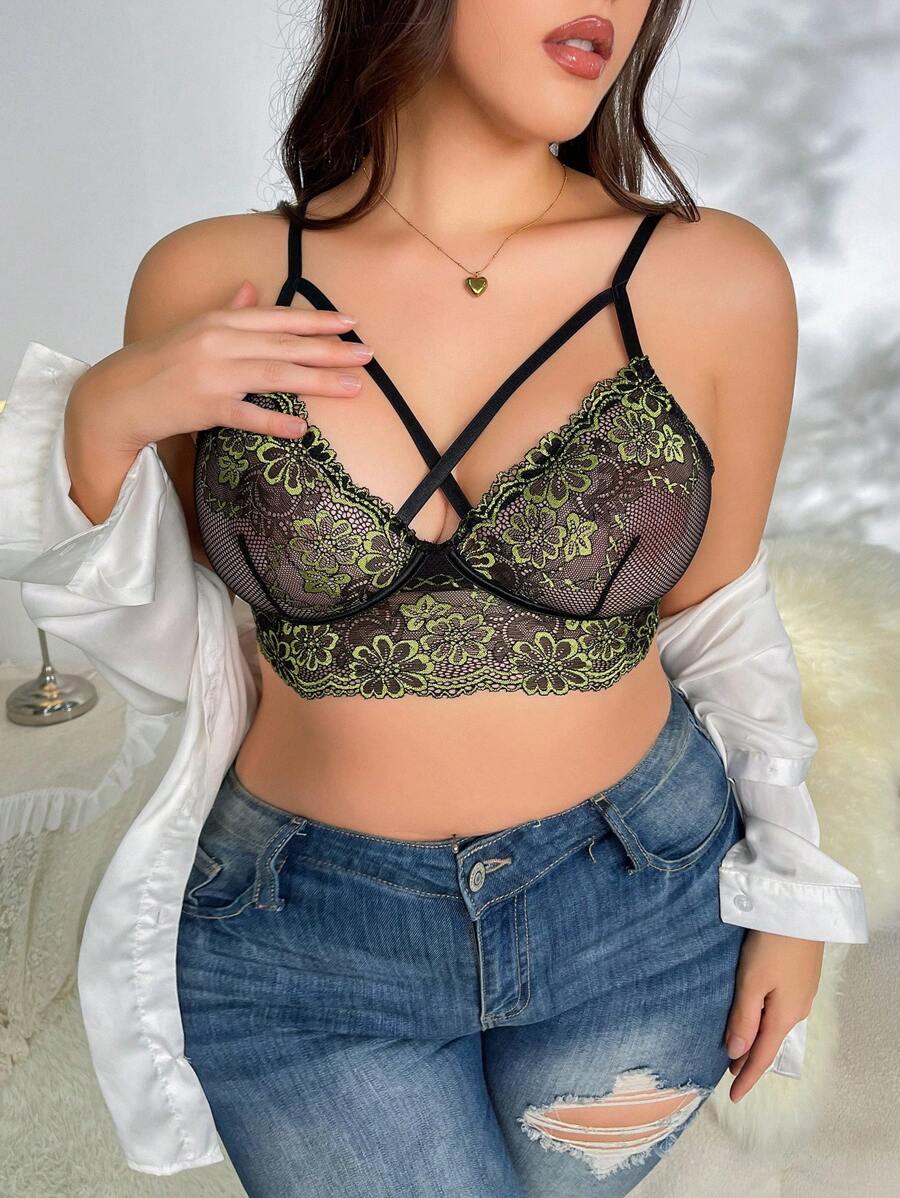 Plus Floral Lace Crisscross Front Harness Bra - Multicolor - View 1