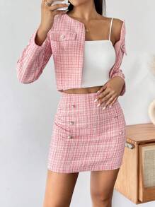 SHEIN PETITE Chaqueta De Corte Corto Con Estampado De Tartán Y Falda De Dos Piezas Con Frente Abierto - Rosa - Ver 4