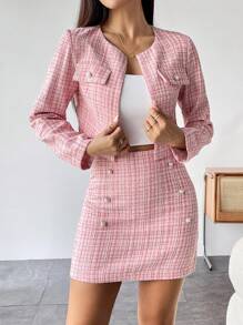 SHEIN PETITE Chaqueta De Corte Corto Con Estampado De Tartán Y Falda De Dos Piezas Con Frente Abierto - Rosa - Ver 7