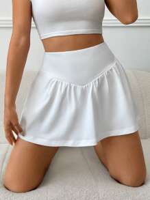 Muchica Women's High Waist Pocketed White Knit Sports Skort