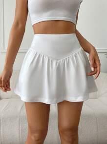 Muchica Women's High Waist Pocketed White Knit Sports Skort