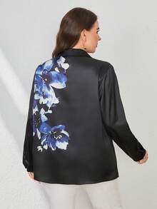 SHEIN Essnce 大碼印花前紐扣襯衫 - 黑色 - 查看 2