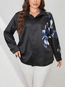 SHEIN Essnce 大碼印花前紐扣襯衫 - 黑色 - 查看 1