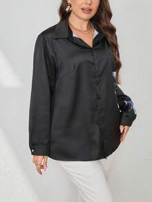 SHEIN Essnce 大碼印花前紐扣襯衫 - 黑色 - 查看 3