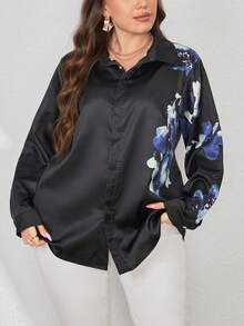 SHEIN Essnce 大碼印花前紐扣襯衫 - 黑色 - 查看 6