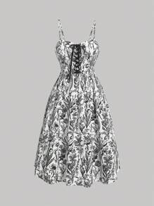 SHEIN MOD 大碼印花前繫帶吊帶連衣裙 - 黑與白 - 查看 1