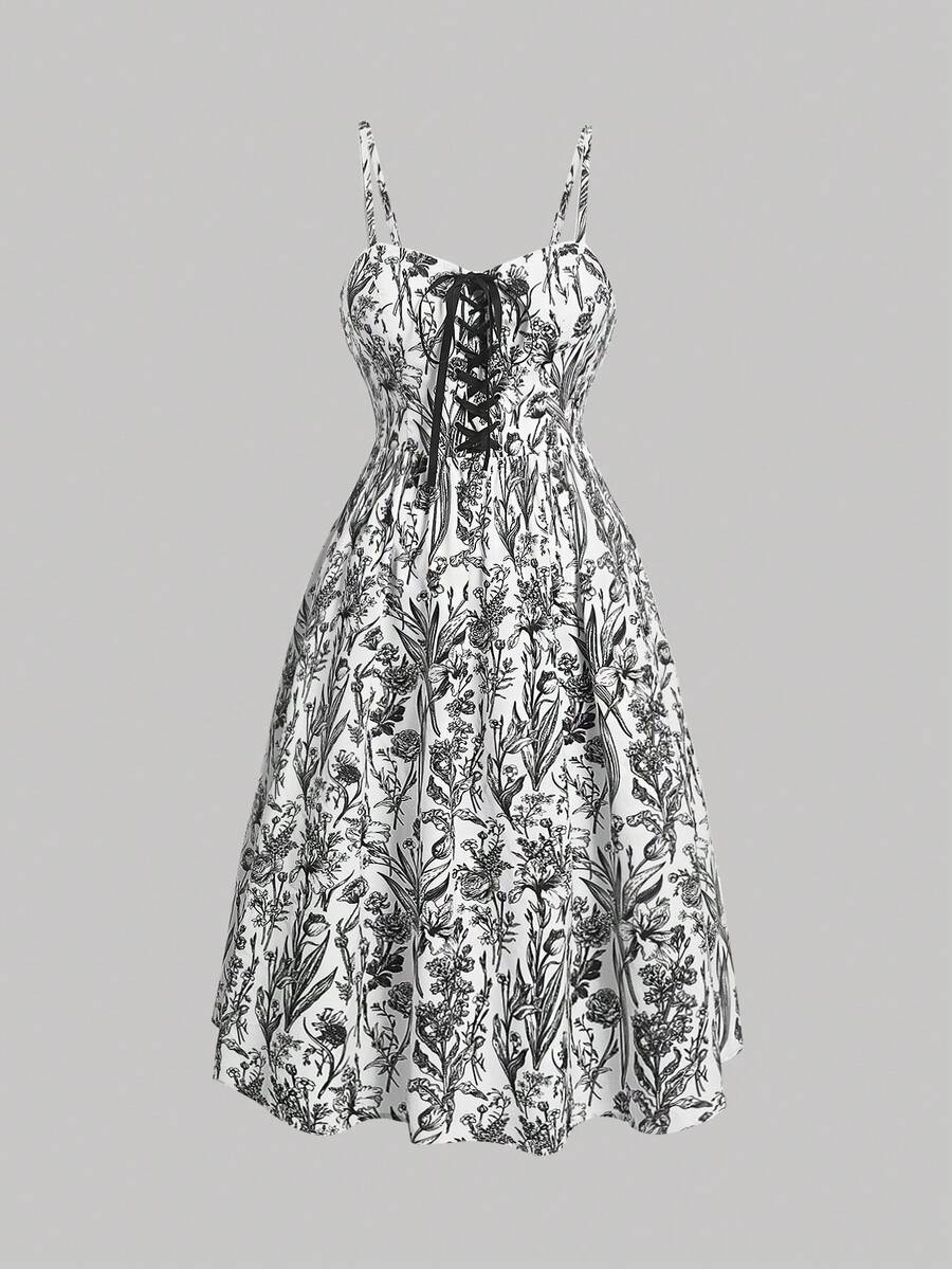 SHEIN MOD 大碼印花前繫帶吊帶連衣裙 - 黑與白 - 查看 1