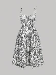 SHEIN MOD 大碼印花前繫帶吊帶連衣裙 - 黑與白 - 查看 2