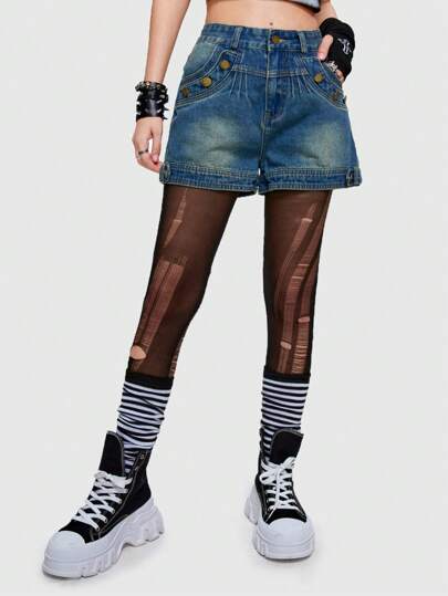 Grunge Punk Vintage in verwaschenem Look mit Metallknöpfen und Nieten verzierte Damen Denim Minishorts