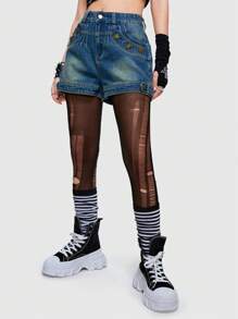 ROMWE Grunge Punk Pantalones cortos vaqueros vintage para mujer con remaches de botón de metal lavados y desgastados