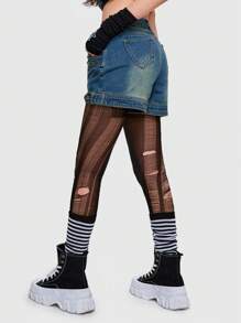 ROMWE Grunge Punk Pantalones cortos vaqueros vintage para mujer con remaches de botón de metal lavados y desgastados