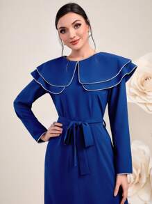 Modelyn 拼接邊誇大領口繫腰帶洋裝 - 藏蓝色 - 查看 5