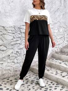 SHEIN LUNE Plus Leopard Print Colourblock Tee & Joggers - Multicolor - View 3