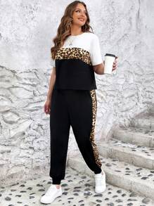 SHEIN LUNE Plus Leopard Print Colourblock Tee & Joggers - Multicolor - View 1