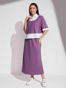 Mulvari Camiseta de hombros caídos de color combinado de cuello polo & Falda - Morado - Ver 2
