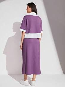 Mulvari Camiseta de hombros caídos de color combinado de cuello polo & Falda - Morado - Ver 3