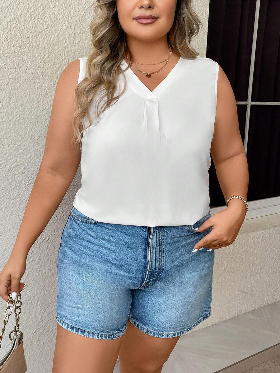 SHEIN Unity Plus Solid V Neck Blouse - White - View 1