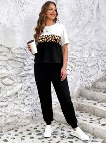 SHEIN LUNE Plus Leopard Print Colourblock Tee & Joggers - Multicolor - View 5