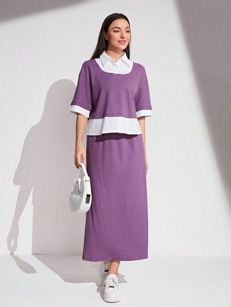 Mulvari Camiseta de hombros caídos de color combinado de cuello polo & Falda - Morado - Ver 1