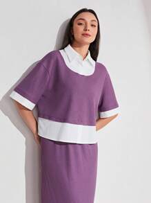 Mulvari Camiseta de hombros caídos de color combinado de cuello polo & Falda - Morado - Ver 4