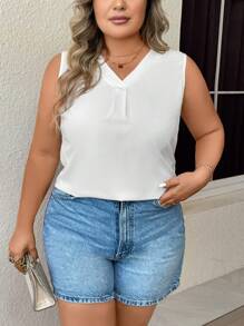 SHEIN Unity Plus Solid V Neck Blouse - White - View 4