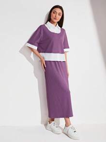 Mulvari Camiseta de hombros caídos de color combinado de cuello polo & Falda - Morado - Ver 5
