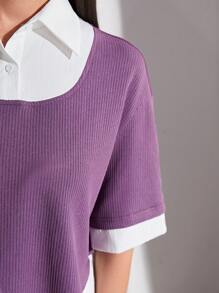Mulvari Camiseta de hombros caídos de color combinado de cuello polo & Falda - Morado - Ver 6