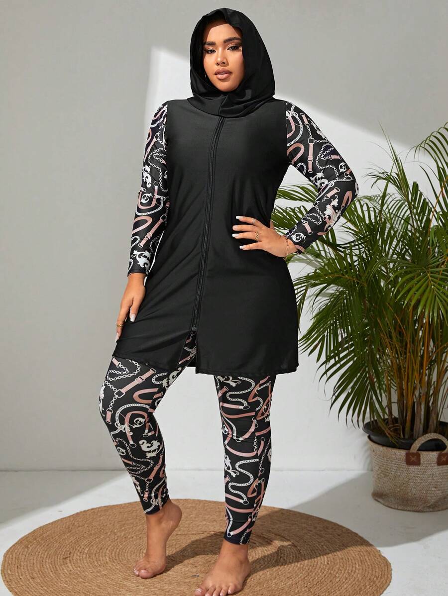 Swim Mulvari Plus Size Chain Print Zip Front Full Body Burkini Summer - Black - View 1