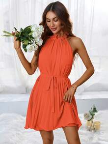 SHEIN Frenchy Solid Belted Halter Dress - Orange - View 3
