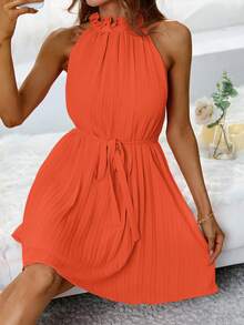 SHEIN Frenchy Solid Belted Halter Dress - Orange - View 4