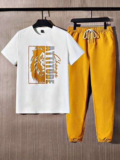 Guys Lion & Letter Graphic Tee & Drawstring Waist Pants