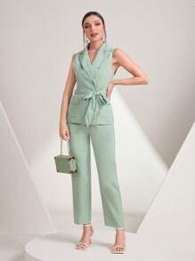 Modelyn Solid Belted Vest Blazer & Pants Set - Mint Green - View 1