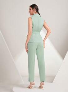 Modelyn Solid Belted Vest Blazer & Pants Set - Mint Green - View 2