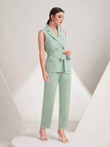 Modelyn Solid Belted Vest Blazer & Pants Set - Mint Green - View 3