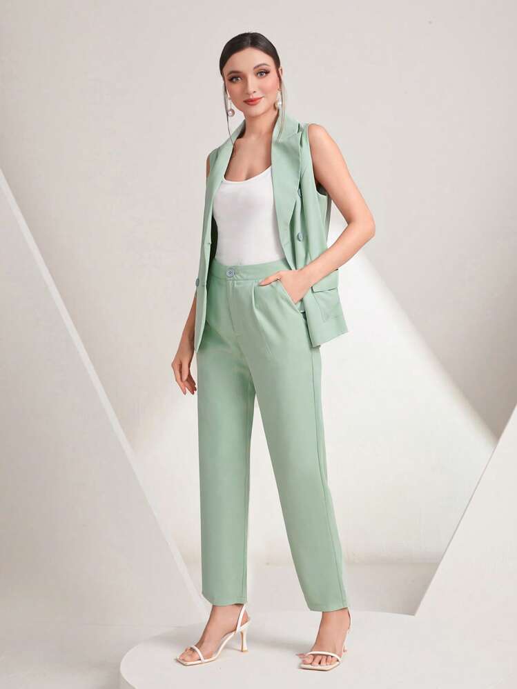 Modelyn Solid Belted Vest Blazer & Pants Set - Mint Green - View 5