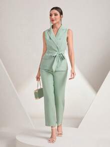 Modelyn Solid Belted Vest Blazer & Pants Set - Mint Green - View 6