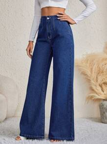 SHEIN Tall 鈕扣 口袋 拉鍊純色女士牛仔褲 - 深色水洗藍 - 查看 5