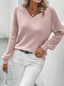 SHEIN LUNE Suéter de punto calado de manga raglán, tops de manga larga